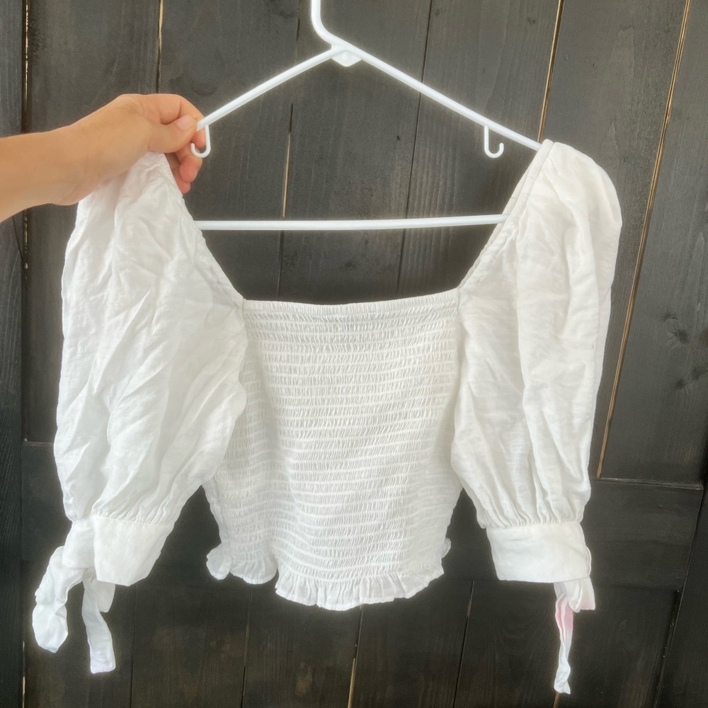 Express puff sleeve bow tie white stretch cropped viscose  top - Picture 6 of 6
